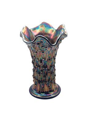 Fenton Carnival Glass Swung Vase 7" April Showers Cobalt Blue Iridescent 1911